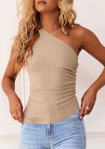 PRETTYGARDEN Womens 2025 Summer Y2K Tops Sleeveless One Shoulder Slim Fit Shirts Ruched Knit Asymmetrical Top Blouse in Saudi Arabia