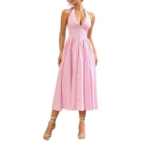 Parthea Women's Plaid Back Smocked Maxi Dress Sexy v Neck Elegant Flowy Swing Long Dress