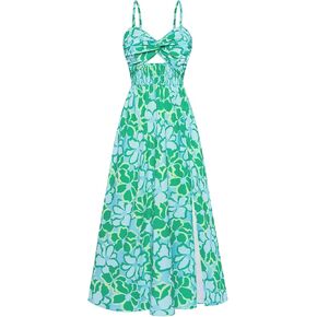 GRACE KARIN 2025 Women's Summer Spaghetti Strap Maxi Dress Smocked Floral Dress Sleeveless Boho Beach Sundress with Pockets