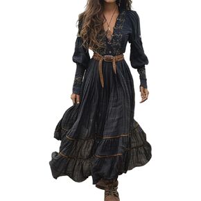 Women's Vintage Western Maxi Dress Fall Casual Loose Long Sleeve V Neck Country Flowy Dress Flower Long Dress