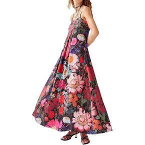 Women Boho Floral Maxi Dress Backless Spaghetti Strap A-Line Flowy Summer Vacation Long Dress