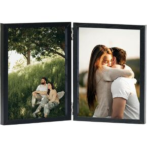 5x7 Double Picture Frame Hinged Folding Vertical Stand on Tabletop, Wood Two Openings 5x7 Double Photo Frame Collage with Shatter Resistant Plexiglass, Black