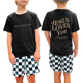 Jesus Loves You Christian Shirt for Boys Bible Verse Letter Printed T Shirts Faith Religious Cotton Short Sleeve Top