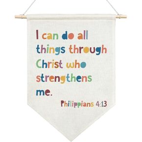 AGMDESIGN I Can Do All Things Through Christ Who Strengthens Me Philippians 4:13 Bible Verse Canvas Hanging Pennant Flag Banner, Religious Gifts for Christian, Boy Girl Room Nursery Kids Room Decor