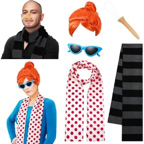 Zooyawawn 5 PCS Halloween Costume Come Conserd Black Gray Presaled Darf Red Polka Dot وشاح بالسكان الأزرق النظارات الشمسية المزيفة للأنف للهالوين لحفلات الأزياء.