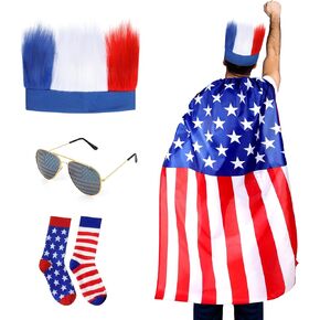 Mepase 4 Pcs 4th of July American Flag Costume Patriotic Cape Headband Socks USA Sunglasses Accessories for Men Independence Day Halloween Party