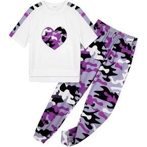 Girls' Clothing Sets Short Sleeve Heart Print Shirt Camo Print Pants Set Sweatpants Outfits Girls Clothes 5-14 Years
