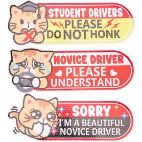 3pcs Student Driver Magnet for Car, 9.84x3.54in Funny Pink Reflective Novice Driver Magnetic Bumper Stickers Cute Cat Safety Awareness Sign for Rookies Weather Resistant & Detachable