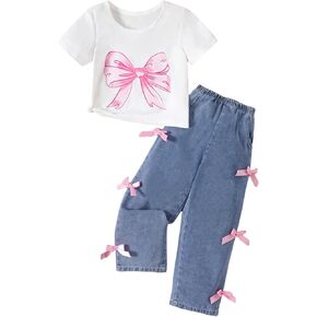 Verdusa Girl's 2 Piece Bowknot Outfits Crew Neck Graphic T Shirts and Jeans with Pockets