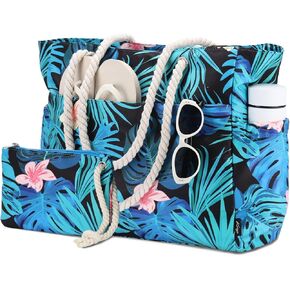 Kasqo Beach Bags for Women, Large Waterproof Beach Bag Tote Zipper Swim Pool Bag with Small Pouch for Grocery Travel Vacation