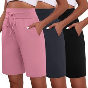 Neer 3 Pack Women's Bermuda Shorts, Knee Length Wide High Waisted Cotton Drawstring Casual Athletic Shorts with Pockets