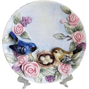 Ceramic Collections Plate, 3D Hand Painted Pink Roses, Birds, Bird Nest Decorative Tray with Display Stand -8"
