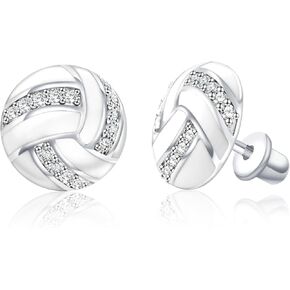Sport Screwback Earrings for Women - 925 Sterling Silver Softball/Volleyball/Soccer/Basketball/Rugby Screw Stud Jewelry Gifts for Sport Fans Christmas Easter Thanksgiving Day (Volleyball Studs)