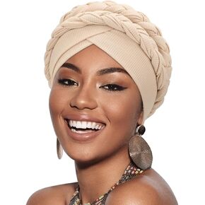 DRESHOW African Women Turban Caps Beanie Twist Headscarf Pre-Tied Double Twisted Braid Headwraps Black Women Chemo Cancer Cap