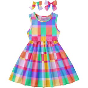 GORGLITTER Girl's Heart Print Bow Tie Mini Dress Cute Sleeveless Crew Neck Swing Flowy Summer Formal Tank Dress