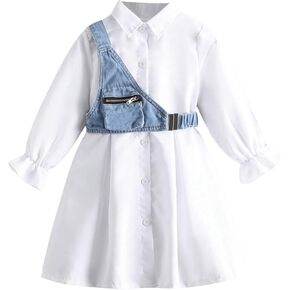 MakeMeChic Girl's Collared Button Dress Flared Sleeve A Line Dresses with Denim Belt Bag