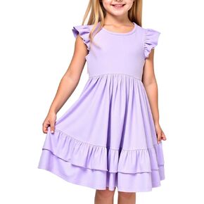 Little Bitty Toddler Girl's Dresses Summer Cotton Dress Flutter Sleeve Tiered Casual Skater Frock Twirly Sundress 3-8 Years