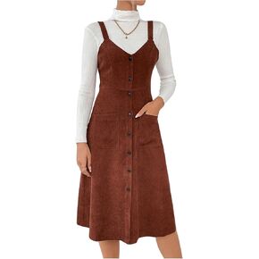 Milumia Women's Corduroy Button Up V Neck Pocket Midi Pinafore Overall Dress