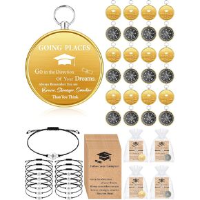 12 Set 2025 Inspirational Graduation Gifts Pocket Compass Keychains Adjustable Compass Bracelet Graduation Cards and Organza Bags Class of 2025 Gifts for Middle Senior School Students