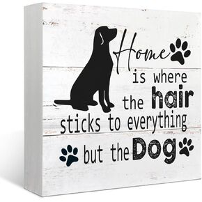 Mtrgdn Home is Where The Hair Sticks to Everything but the Dog Wood Box Sign Desk Decor Funny Dog Puppy Wooden Box Block Sign Decorations for Home Wall Tabletop Desk Decor Dog Lover Gifts