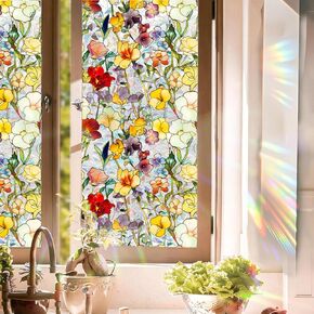 Magnolia Flower Window Secal - Rainbow Tinted Sun Wabiling Film ، ملصقات زجاجية ملطخة بالخصوصية الزهرية (H ، 17 "W × 39.37" L)