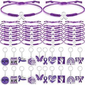 40 Pcs Purple Pancreatic Cancer Awareness Gifts Set Adjustable Purple Ribbon Overdose Bracelets Cord Ribbon Acrylic Keychain Items Pancreatic Survivor Gifts for Women