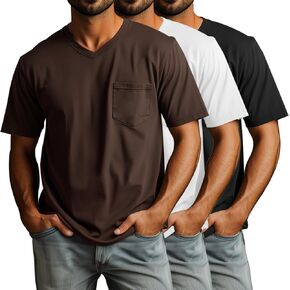 Ficerd 3 Pack Men's V Neck T Shirts Short Sleeve Plus Size Tee Loose Casual Top Cotton Basic Oversized Shirts with Pocket