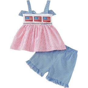 Little Girl 4th of July Outfit American Flag Top+Striped Shorts Independence Day Clothes Set