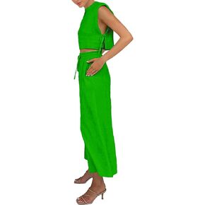 xxxiticat Women's Linen Sets Sleeveless Shoulder Pad Crop Top Drawstring Lace Up Wide Leg Trouser Two Piece Matching Suit