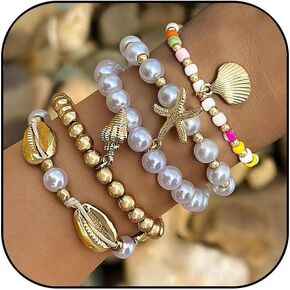 Gold Shell Bracelet for Women Starfish Bracelet Pearl Beaded Stretch Bracelets Seashell Stretch Boho Stackable Bracelets Set Summer Beach Jewelry