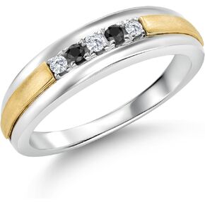 Gem Stone King Men 925 Sterling Silver و 10K Gold Gold White Lab Collow و Black Diamond Satin Finish Band Ring (0.18 CTTW ، الجولة 2 مم ، متوفرة بحجم 7،8،9،10،11،12،13)