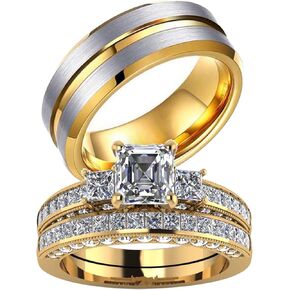 ringheart Couple Rings Black Matching Ring 1.5CT AAA CZ 2pcs Women Wedding Ring Sets for Him and Her Rings Men Band
