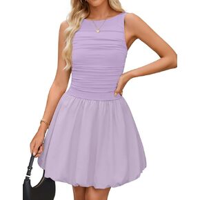 ZESICA Womens Summer Sleeveless Bubble Mini Dress 2025 Boat Neck Ruched A Line Short Cocktail Party Dresses