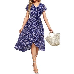 Aoysky Women's Bohemian Floral Printed Short Sleeve Summer Dress Wrap V Neck Beach Flowy Ruffle Hem Midi Dresses