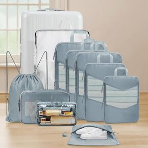 10 Set Compression Packing Cubes, Suitcase Organizer Bags Set for Travel Accessories, Lightweight Travel Essentials, Grey