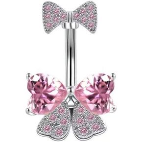 14G Rhinestone Bowknot Belly Button Ring for Women - Stainless Steel CZ Crystal Bow Navel Curved Barbell - Sparkling Body Piercing Jewelry