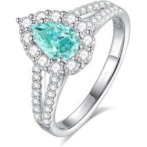 Moissanite Engagement Ring for Women,Total 1.8CTTW Blue Green Pear Shaped VVS1 Clarity Halo Wedding Ring 925 Sterling Silver with 18K White Gold Plated Genuine Moissanite Promise Ring for Her Size 5-9