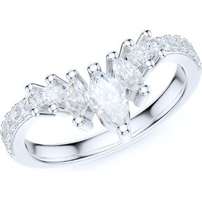 Sterling Silver Slight V Shaped Crown Simulated Marquise & Round Diamond Matching Ring Wedding Band