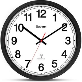 Geevon Atomic Wall Clock, 12" Sets Automatically Wall Clock Battery Operated with AUTO DST, Easy to Read Atomic Analog Clock for Kitchen/Office/Classroom/Living Room(Black)