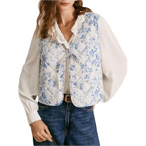 MakeMeChic Women's Floral Tie Front Puffer Vest Sleeveless V Neck Lightweight Quilted Jacket Outerwear