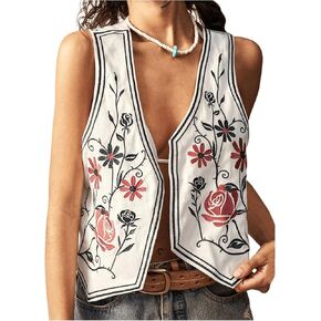 GORGLITTER Women's Boho Embroidered Vest Western Country Concert Rodeo Cowgirl Vest Tops Trendy 2025