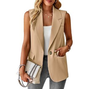 Women's Sleeveless Blazer Vest Casual Open Front Button Vest Lapel Office Cardigan Blazer With Pockets Khaki M