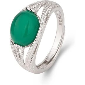 S925 Silver Oval Agate Stone Rings for Women Natural Onyx Stone Emerald Emerald Green Agate Green Chalcedony Jasper Ring