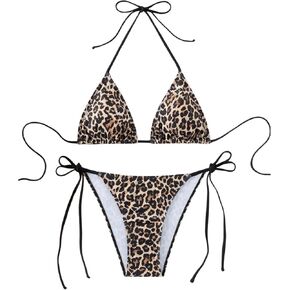 Women's 2 Piece Bikini Sets Floral Leopard Halter Triangle Bathing Suit Sexy Cheeky String Swimsuit in Kuwait