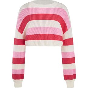 Verdusa Women's Striped Rainbow Cropped Sweater Long Sleeve Lightweight Cute Knit Tops Pullovers