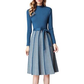 LAI MENG FIVE CATS Women's Elegant Knit Long Sleeve Sweater Stripes Pullover Fall Midi Dress