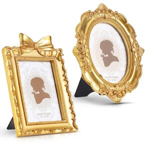 إطارات صور عتيقة من Qunclay قطعتين مقاس 4 × 6 إطارات صور عتيقة من الراتنج المزخرف المستطيل وإطارات بيضاوية على الطاولة وإطارات معلقة على الحائط مع واجهة زجاجية لحفلات الزفاف المنزلية (ذهبي، 4 × 6 بوصات)