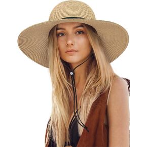Womens Sun Hat Wide Brim Foldable Beach Hats for Women UV Protection Summer Straw Hat with Wind Lanyard