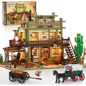 Western Saloon Building Set with LED Light, Wild West Building Block Toy 1727 PCS, Old West Construction Model with Horse Stable Carriage Cowboy Hat, House Building Kit for Adults Teens 12+