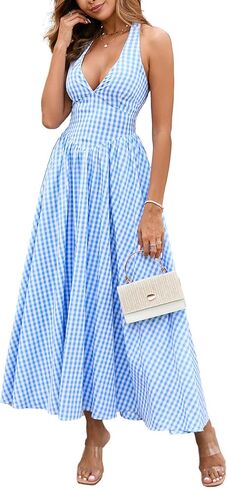 Parthea Women's Plaid Back Smocked Maxi Dress Sexy V Neck Elegant Flowy Swing Long Dress in Saudi Arabia